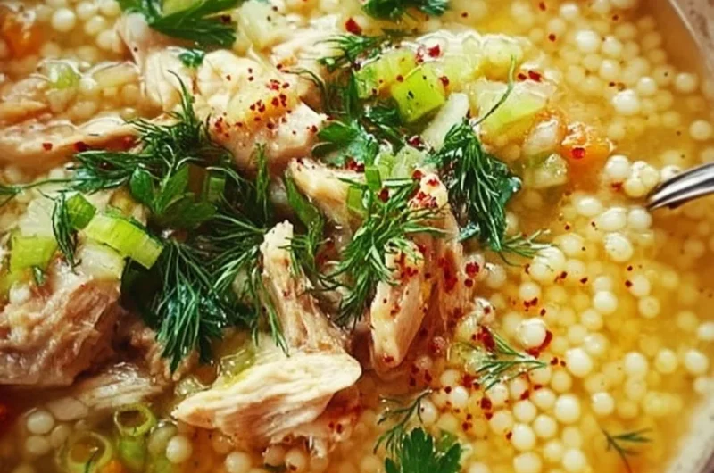 Chicken and Pearl Couscous Soup in a bowl with herbs and spices