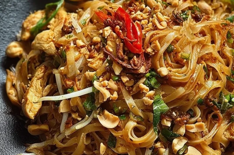 Delicious Chicken and Mushroom Pad Thai garnished with peanuts and lemon slices