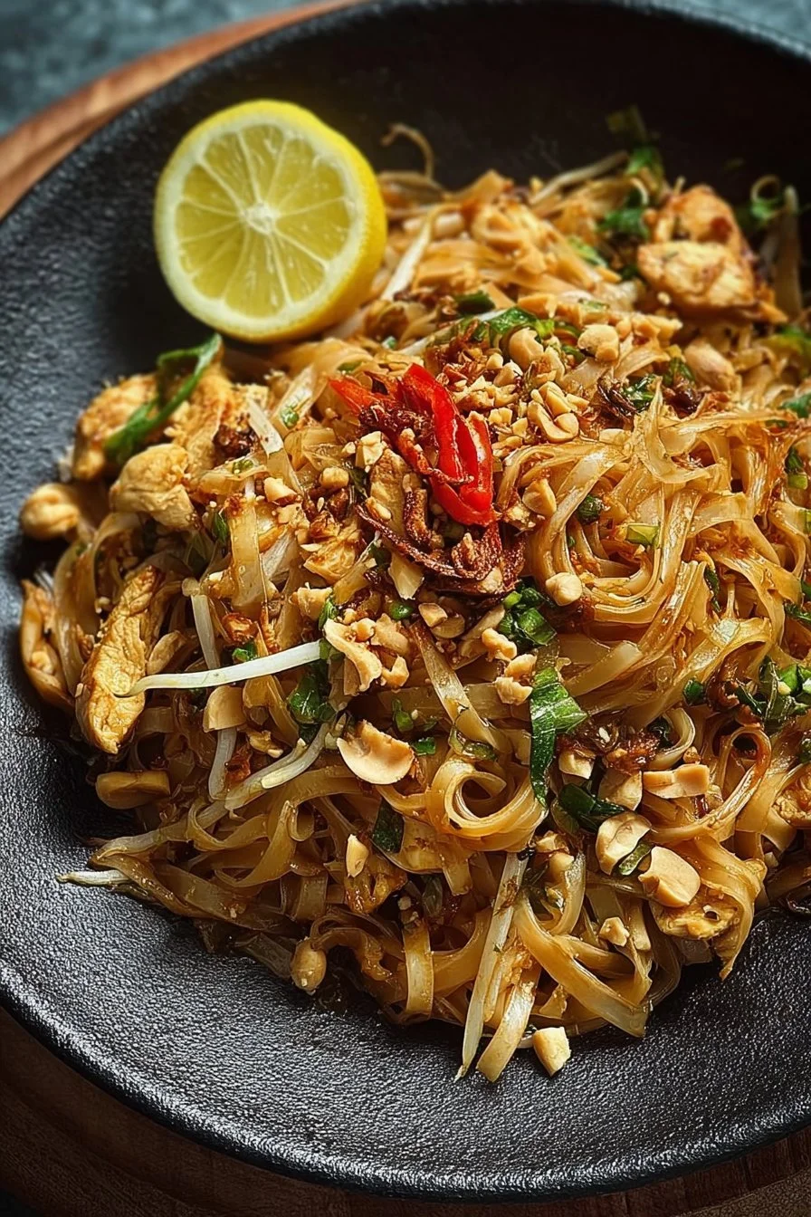 Delicious Chicken and Mushroom Pad Thai garnished with peanuts and lemon slices