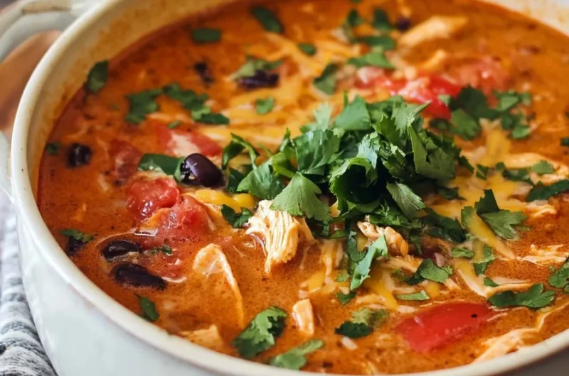 Bowl of hearty Chicken Taco Soup garnished with fresh cilantro and lime