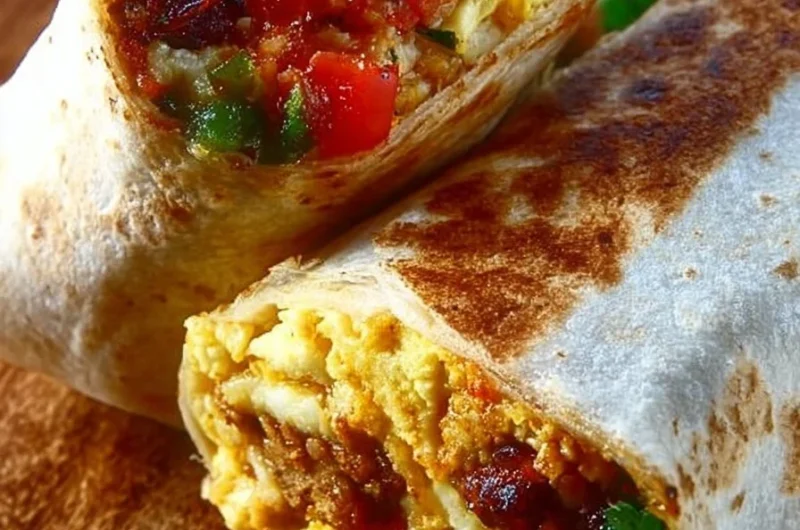 Chorizo-style breakfast burritos with eggs, cheese, and fresh ingredients