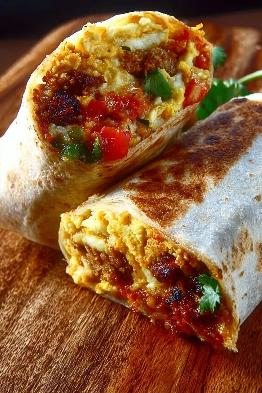 Chorizo-style breakfast burritos with eggs, cheese, and fresh ingredients