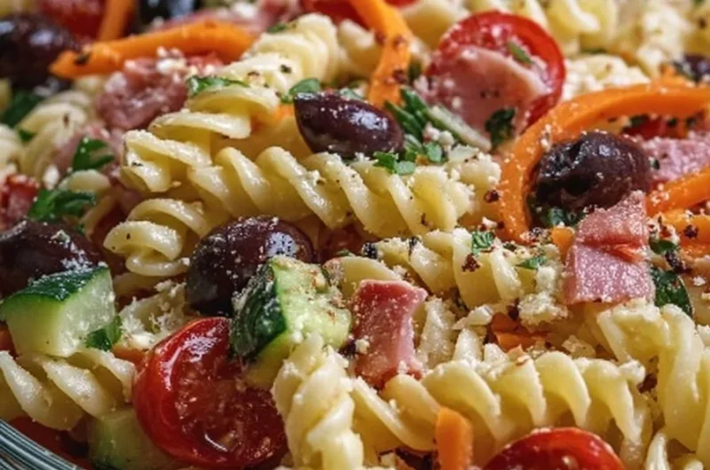 Bowl of Classic Italian Pasta Salad with fresh vegetables and dressing