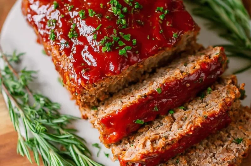 Classic meatloaf served with mashed potatoes and green beans on a plate.