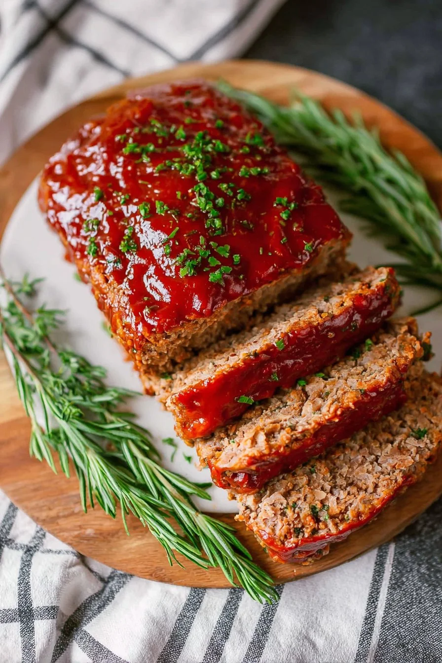 Classic meatloaf served with mashed potatoes and green beans on a plate.
