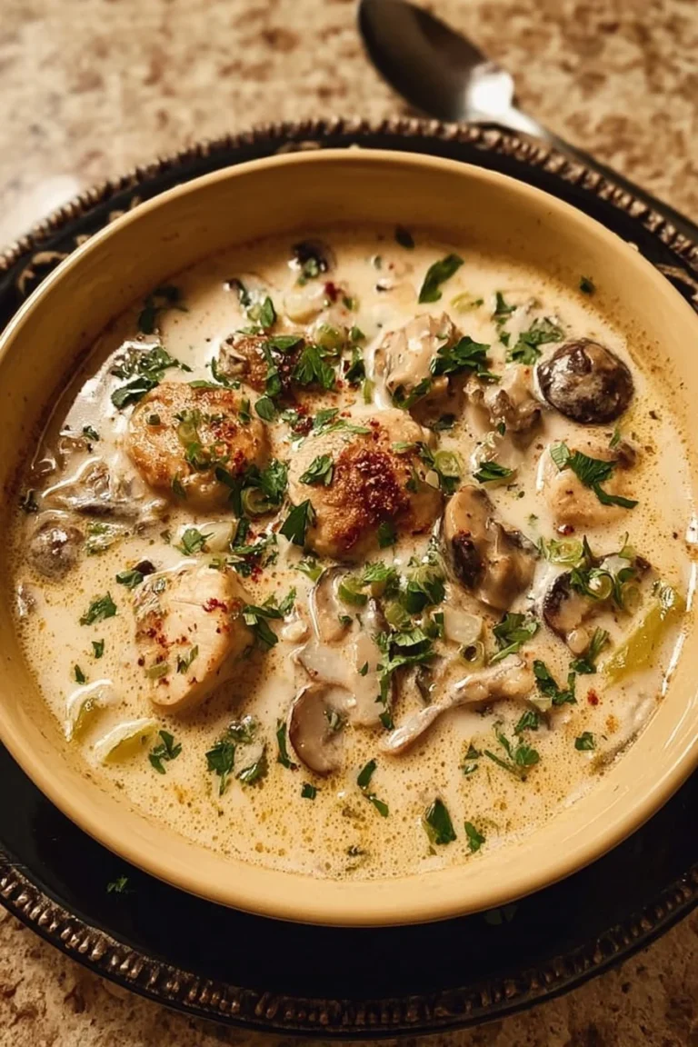 Creamy oyster mushroom stew served in a bowl with herbs and spices.