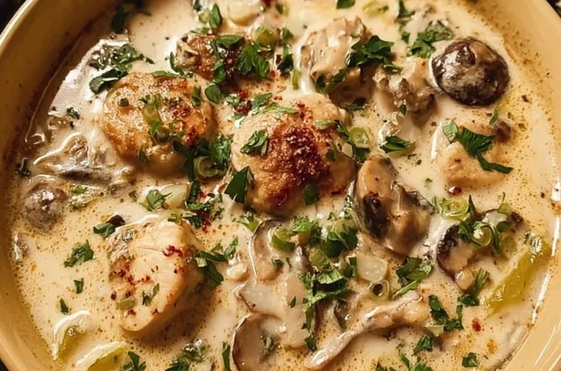 Creamy oyster mushroom stew served in a bowl with herbs and spices.