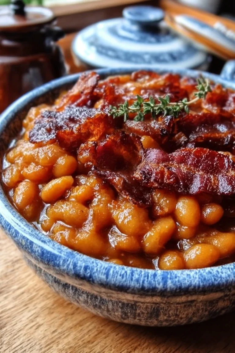 Delicious baked beans with bacon and brown sugar served in a bowl