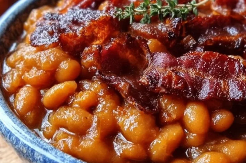 Delicious baked beans with bacon and brown sugar served in a bowl