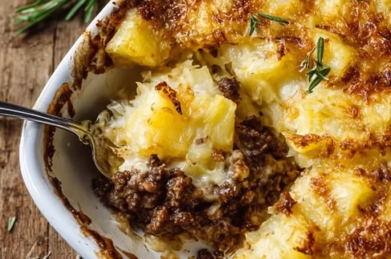 Cozy beef casserole with pineapple and sauerkraut in a baking dish