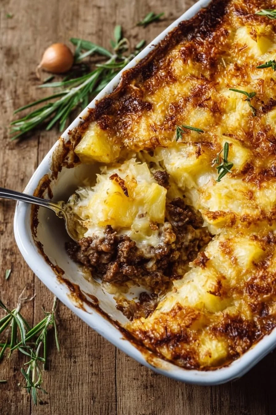 Cozy beef casserole with pineapple and sauerkraut in a baking dish