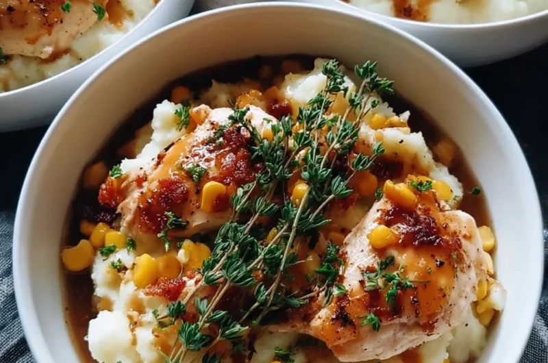 Cozy chicken mashed potato bowl topped with herbs and spices