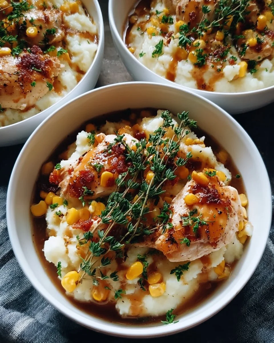 Cozy chicken mashed potato bowl topped with herbs and spices