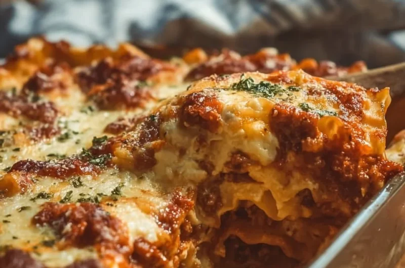 Cozy cottage cheese lasagna bake topped with fresh herbs and cheese