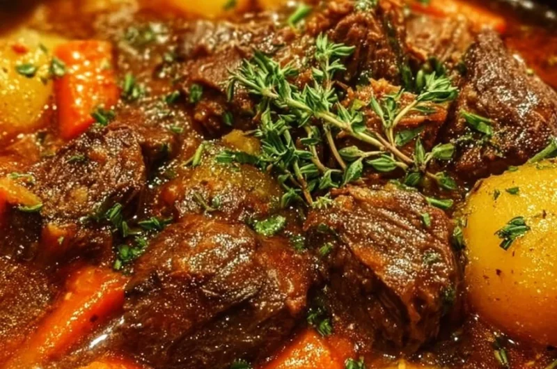 A hearty crockpot Irish lamb stew with vegetables and herbs.