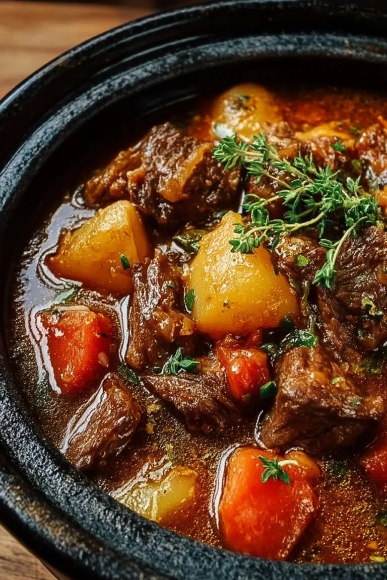 Cozy crockpot Irish lamb stew with vegetables and herbs in a bowl