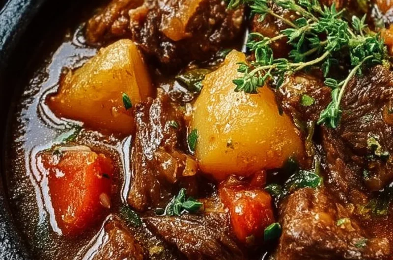Cozy crockpot Irish lamb stew with vegetables and herbs in a bowl