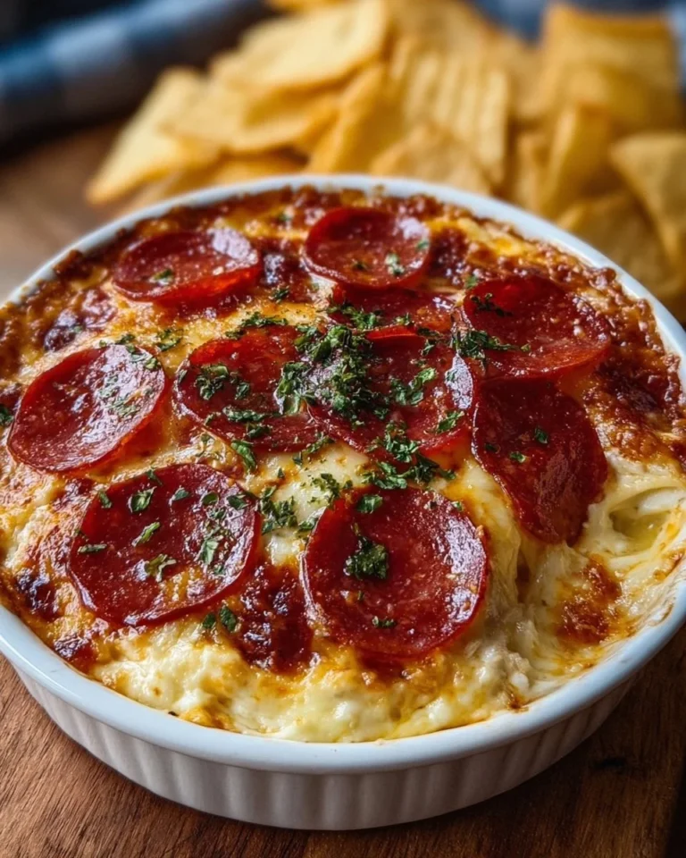 Delicious Crockpot Pizza Dip with pepperoni served in a warm bowl