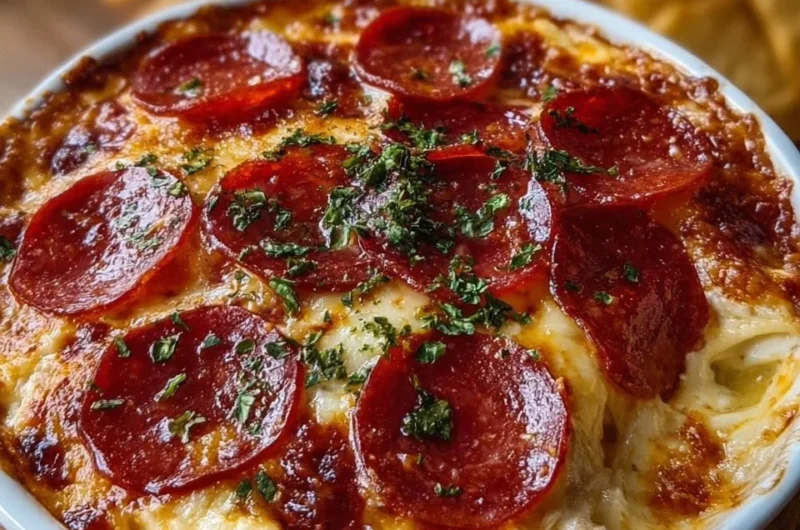 Delicious Crockpot Pizza Dip with pepperoni served in a warm bowl