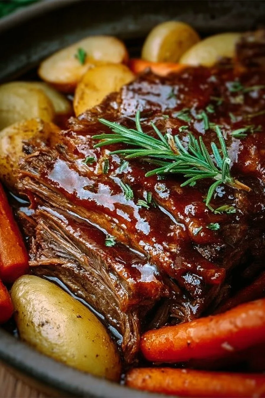 Delicious cozy crockpot pot roast with vegetables and herbs