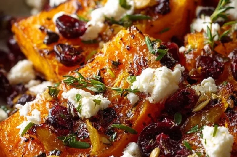 Cozy fall roasted butternut squash with cranberries and goat cheese on a plate