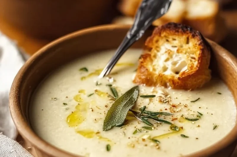 Cozy French Garlic Soup served in a bowl, garnished with fresh herbs.