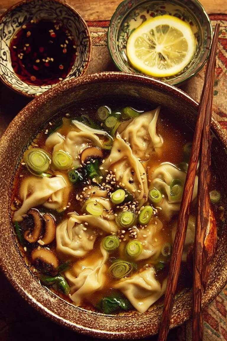 Cozy bowl of ginger wonton soup with shiitake mushrooms and lemon zest