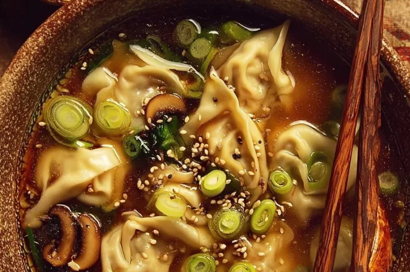 Cozy bowl of ginger wonton soup with shiitake mushrooms and lemon zest
