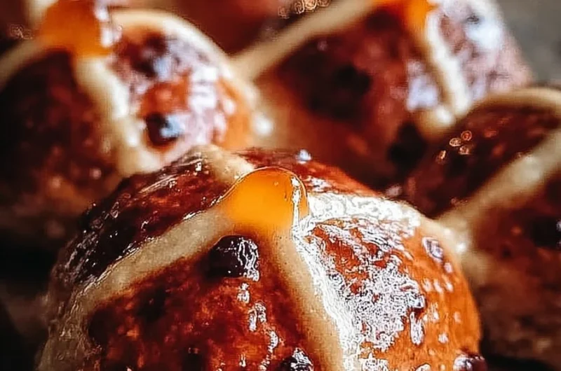 Freshly baked hot cross buns cooling on a wire rack