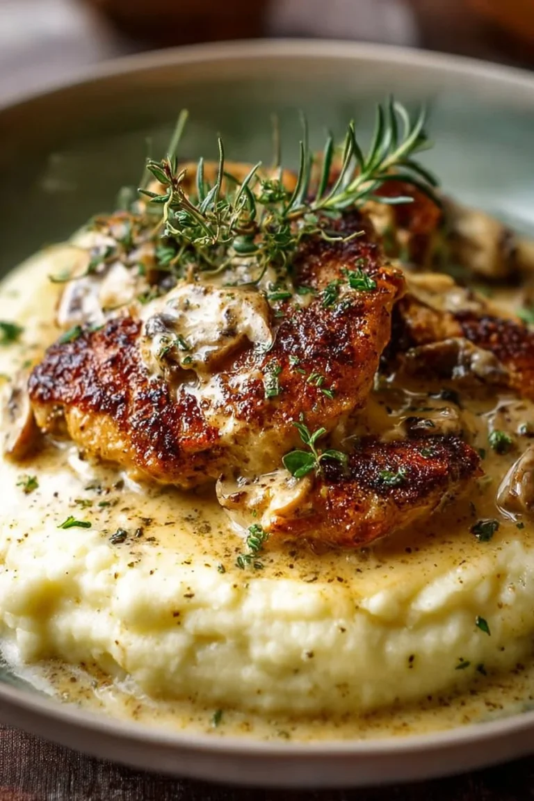 Cozy mustard chicken served on a plate with cauliflower mash