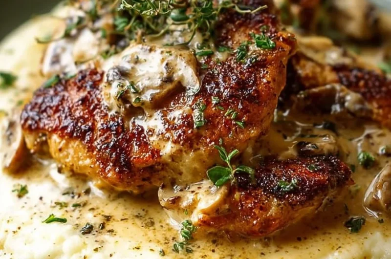 Cozy mustard chicken served on a plate with cauliflower mash