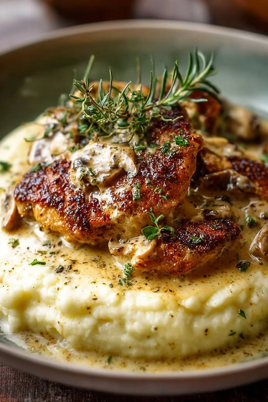 Cozy mustard chicken served on a plate with cauliflower mash