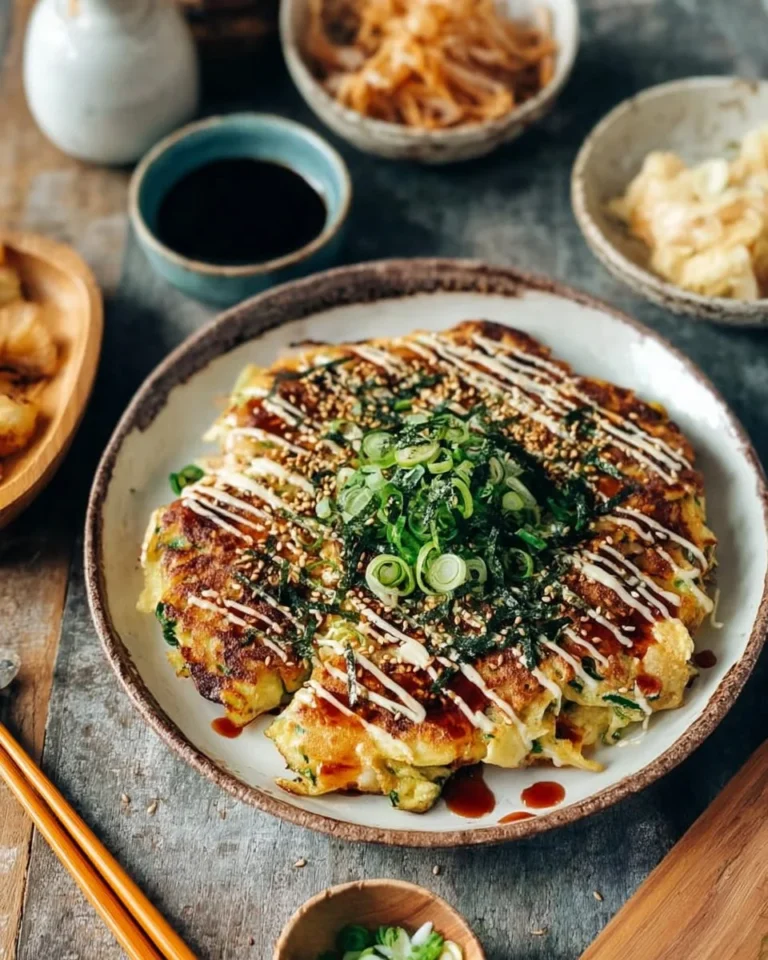 Delicious okonomiyaki Japanese savory pancake served with toppings