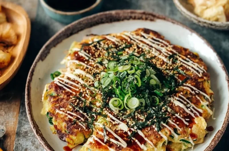 Delicious okonomiyaki Japanese savory pancake served with toppings