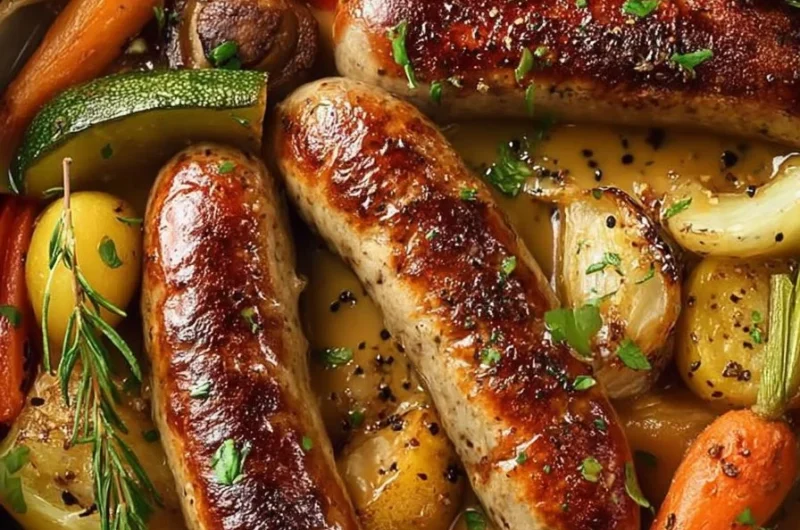 Cozy roasted chicken sausages served with vegetables and savory herb gravy