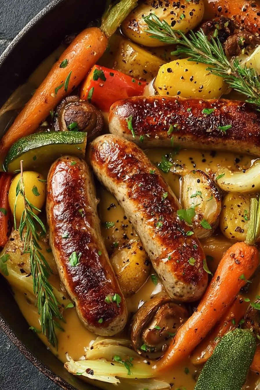 Cozy Roasted Chicken Sausages with Vegetables & Savory Herb Gravy