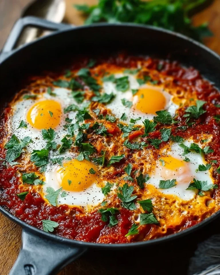 Cozy shakshuka with eggs and tomatoes in a skillet