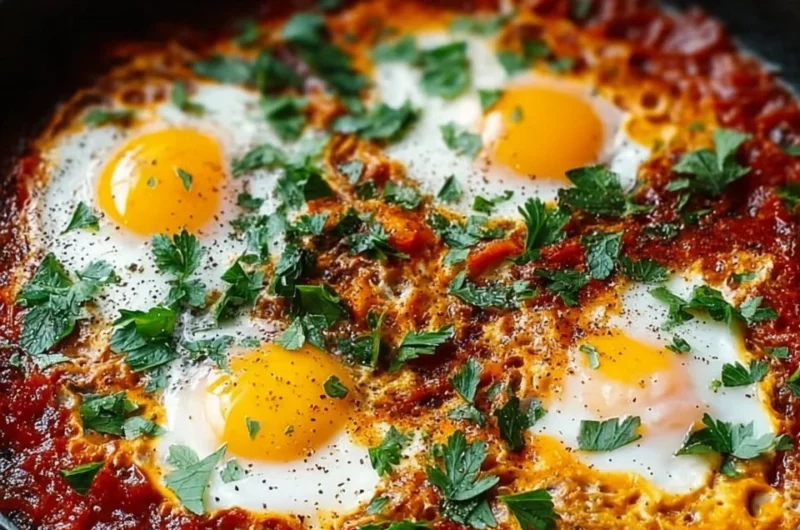 Cozy shakshuka with eggs and tomatoes in a skillet