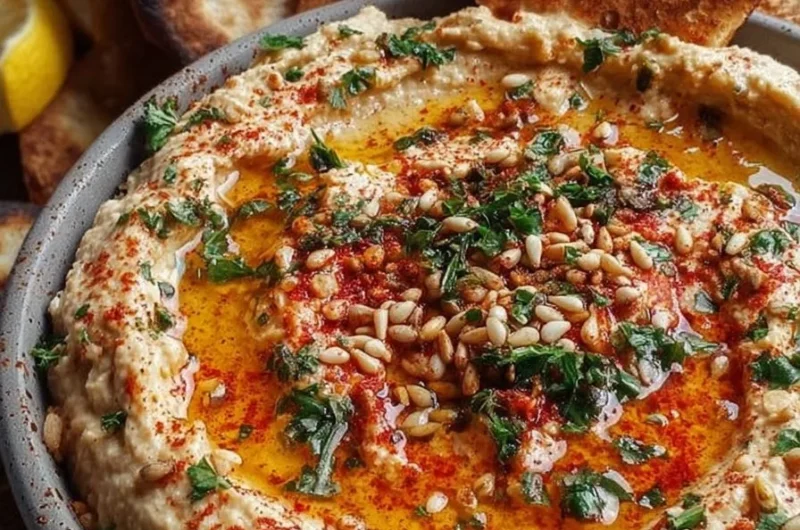 Delicious creamy Baba Ganoush dip served with pita bread and vegetables