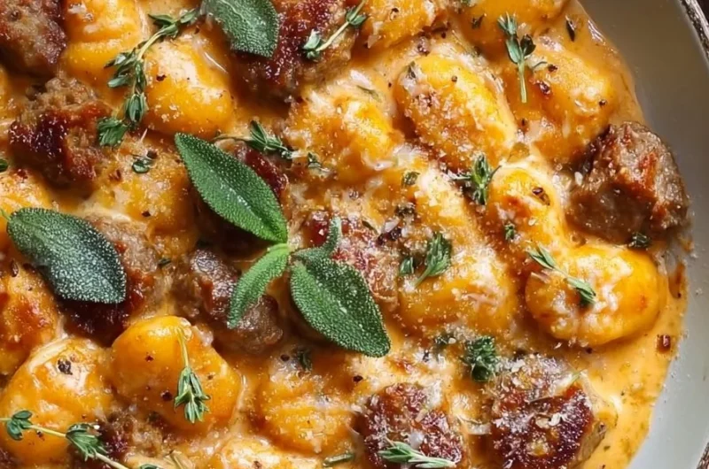 Creamy butternut squash gnocchi with sausage plated and garnished