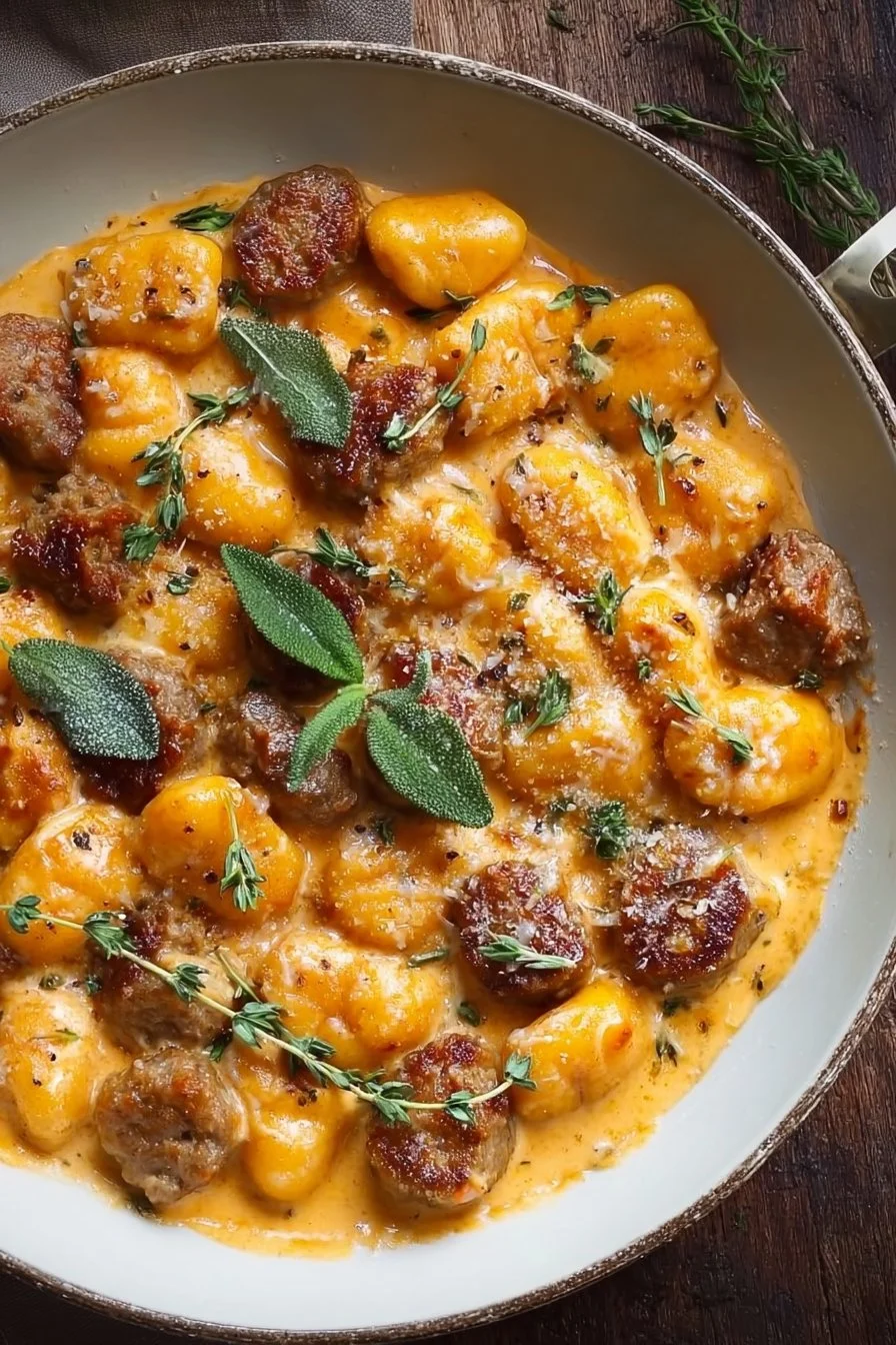Creamy butternut squash gnocchi with sausage plated and garnished