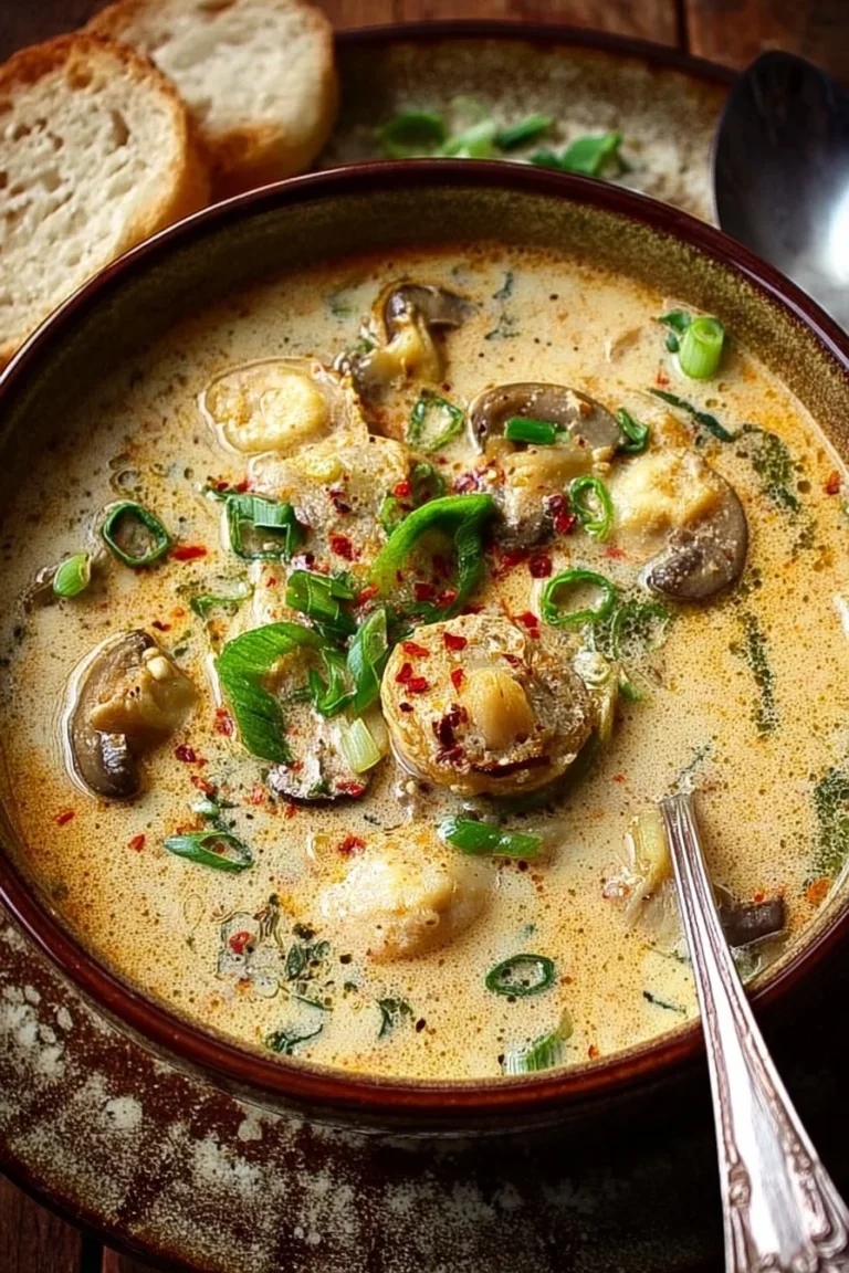 Creamy Cajun oyster stew with ginger and mushrooms in a bowl