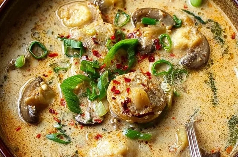 Creamy Cajun oyster stew with ginger and mushrooms in a bowl