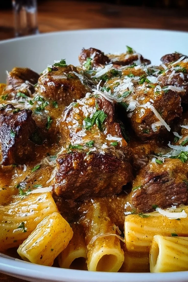 Creamy Cajun steak tips with cheesy rigatoni and Parmesan in a serving dish