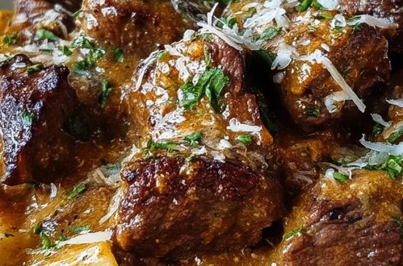 Creamy Cajun steak tips with cheesy rigatoni and Parmesan in a serving dish