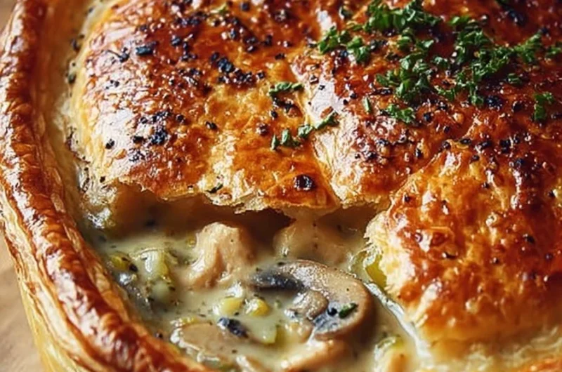 Creamy chicken mushroom and leek pie in puff pastry