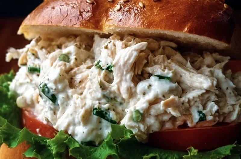 Creamy classic chicken salad sandwich with fresh ingredients and seasonings