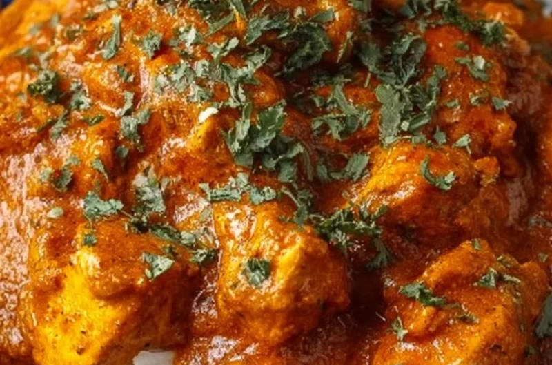 Creamy crockpot chicken tikka masala served with rice