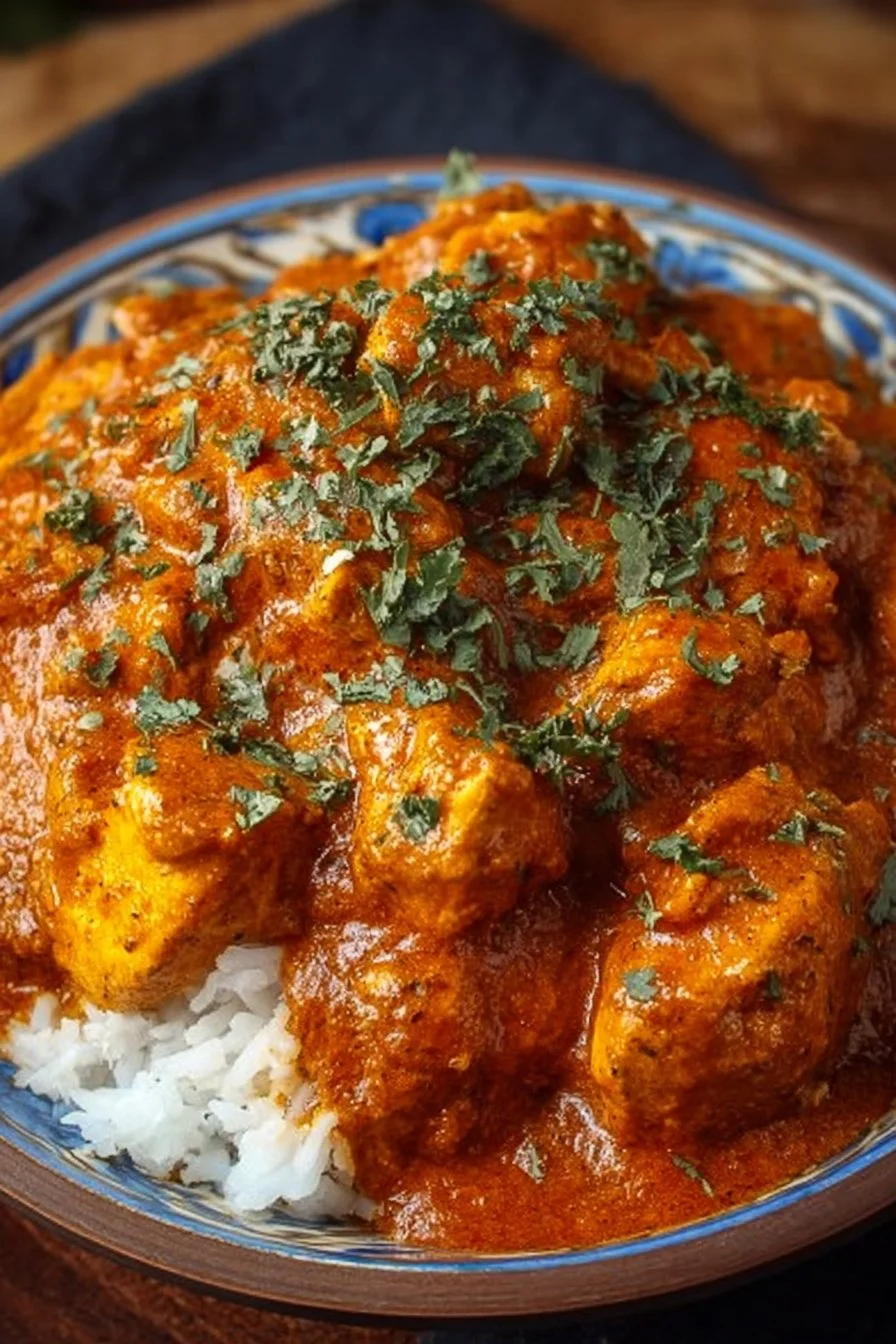 Creamy crockpot chicken tikka masala served with rice