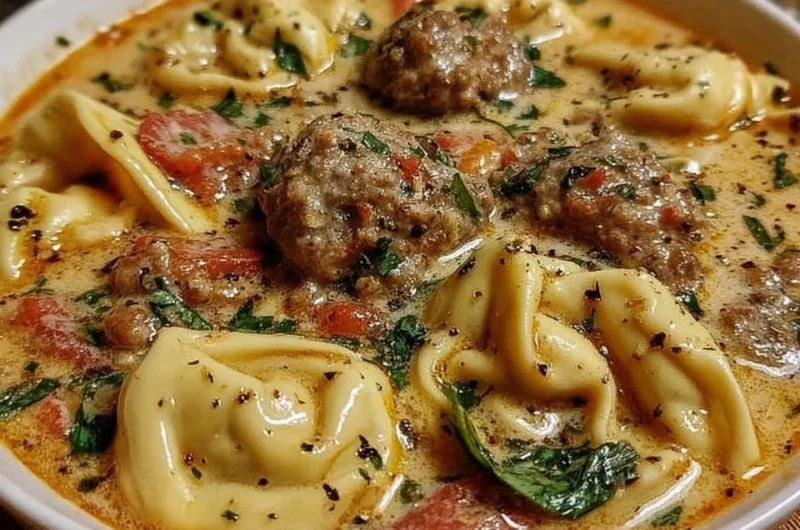 Bowl of creamy crockpot sausage tortellini soup with fresh herbs